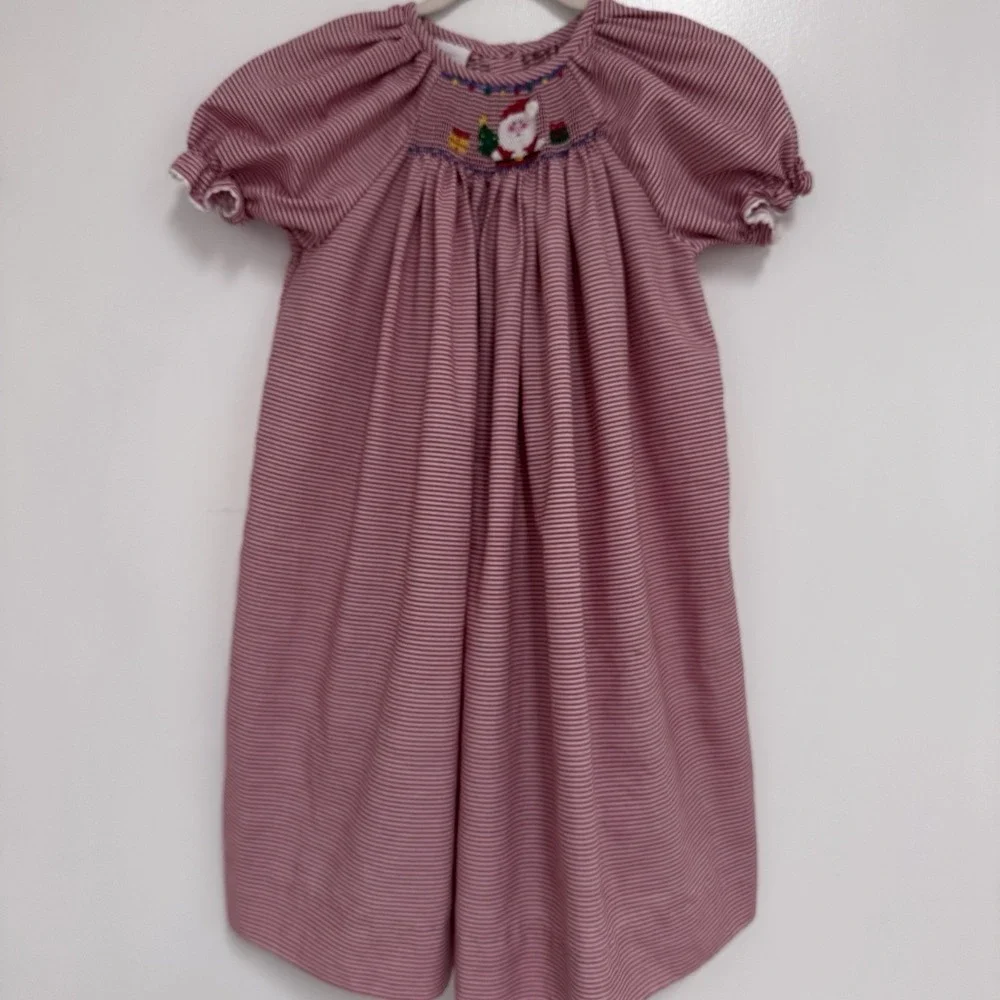 Smocked Giraffe Santa Christmas Dress Girls Size 4T Red White Stripes